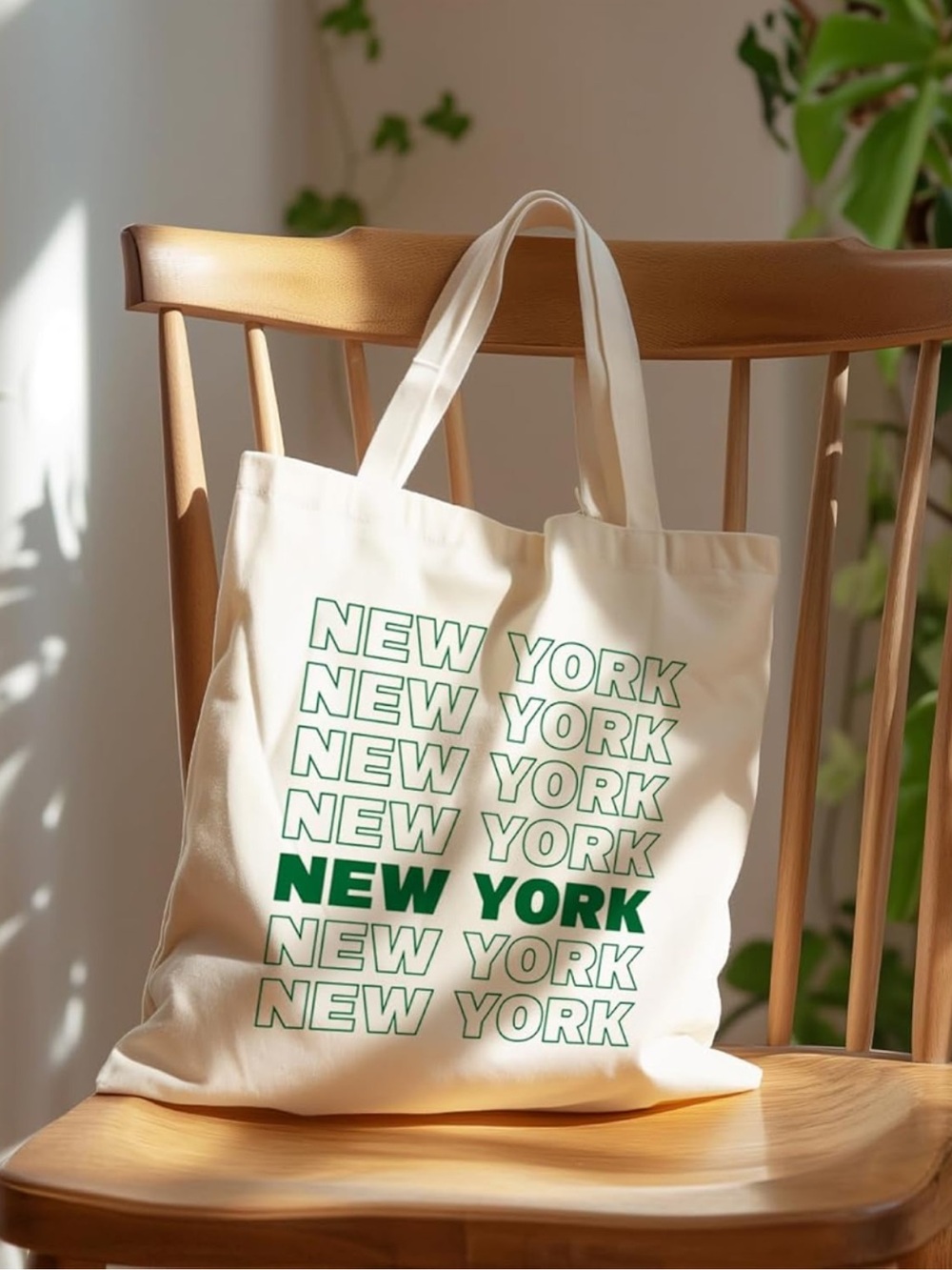 Cream Canvas Tote Bag with Green "New York" Print